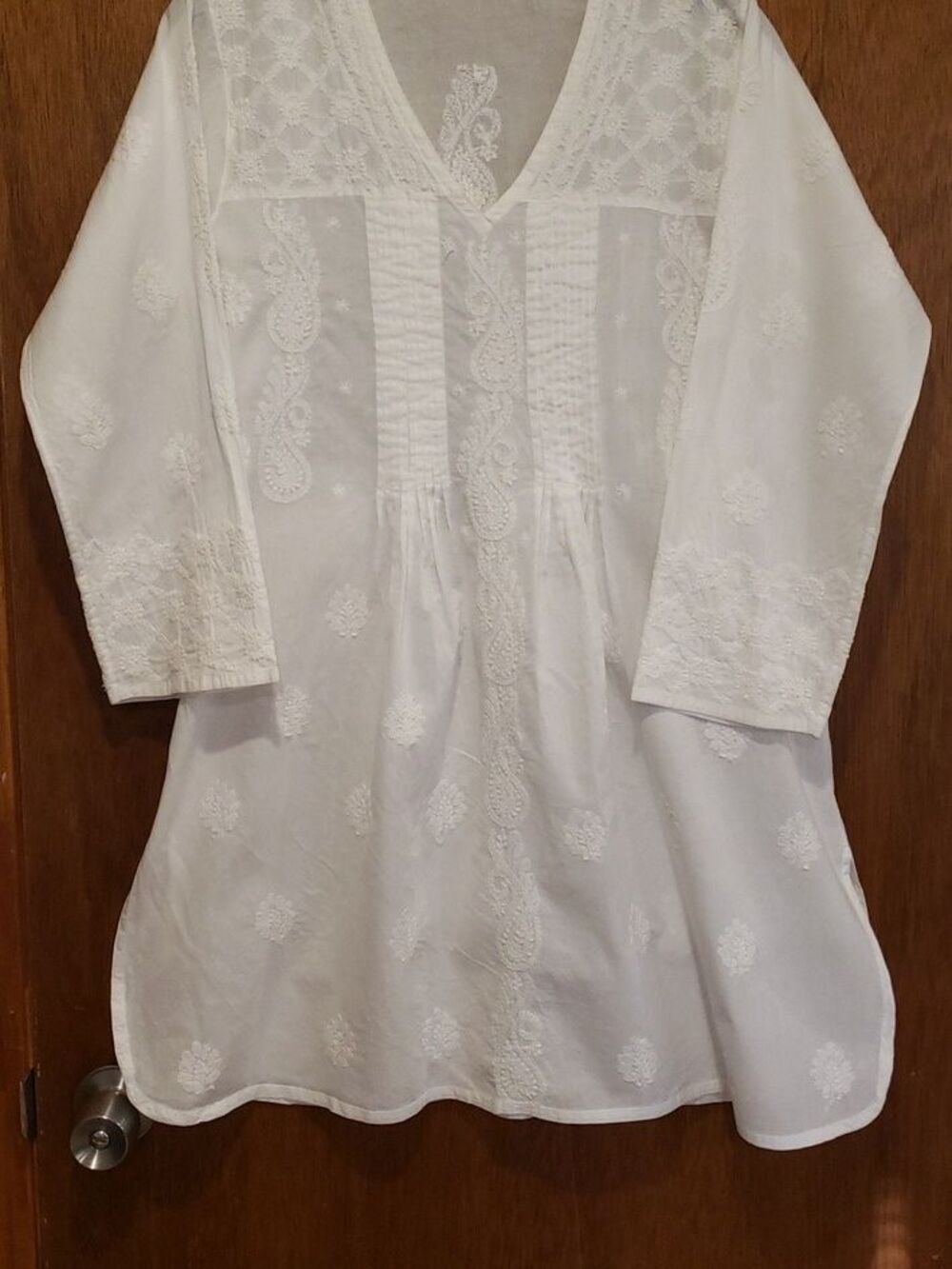 White Cotton Embroidered V-Neck Tunic